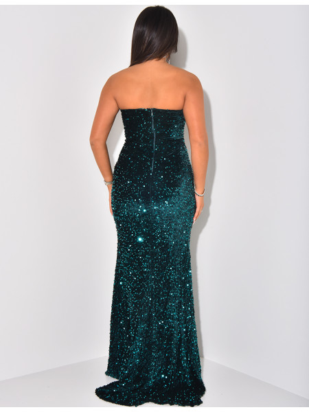 Trägerloses langes Meerjungfrauenkleid aus Samt und Pailletten