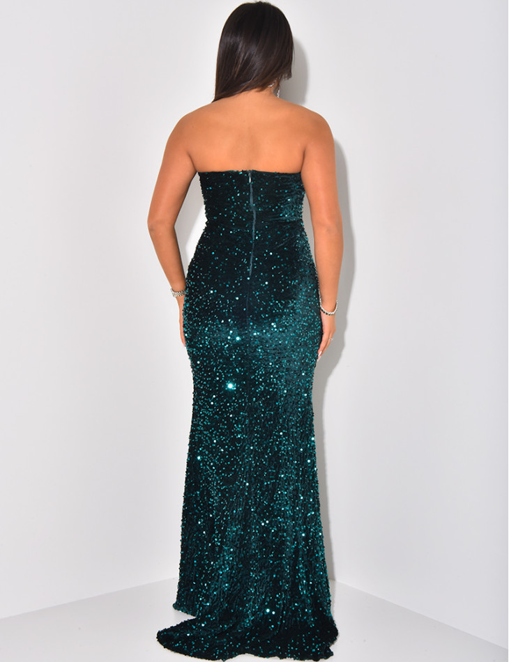 Trägerloses langes Meerjungfrauenkleid aus Samt und Pailletten
