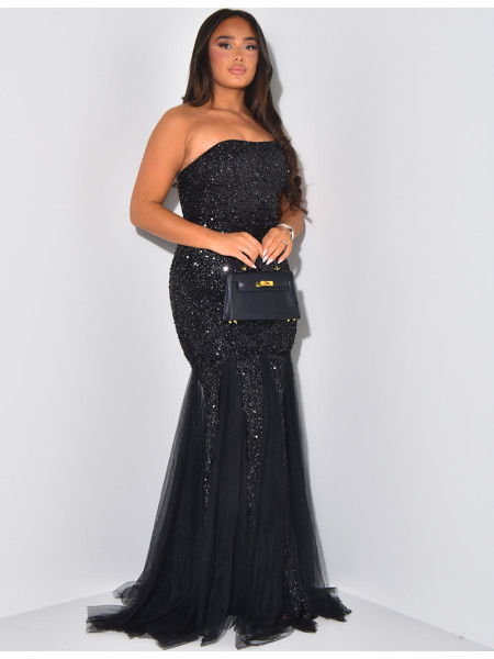 Robe bustier sirène à sequins et voile