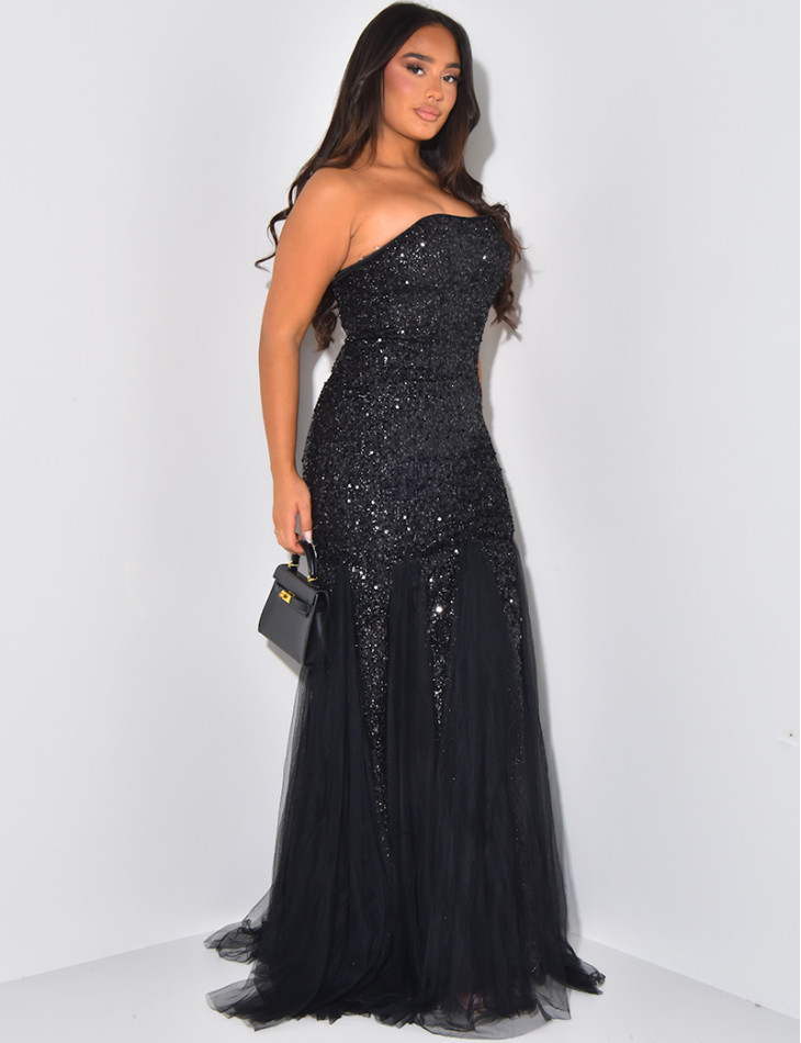 Robe bustier sirène à sequins et voile