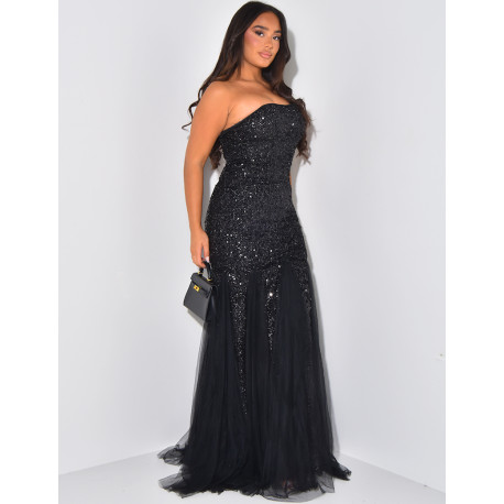 Robe bustier sirène à sequins et voile