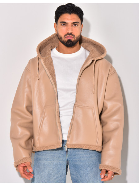 Veste à capuche en similicuir et fourrure