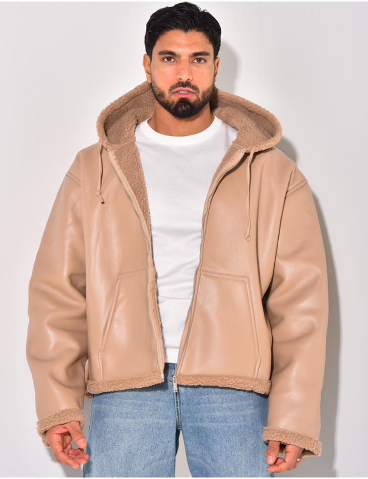 Veste à capuche en similicuir et fourrure