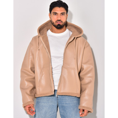 Veste à capuche en similicuir et fourrure