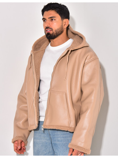 Veste à capuche en similicuir et fourrure