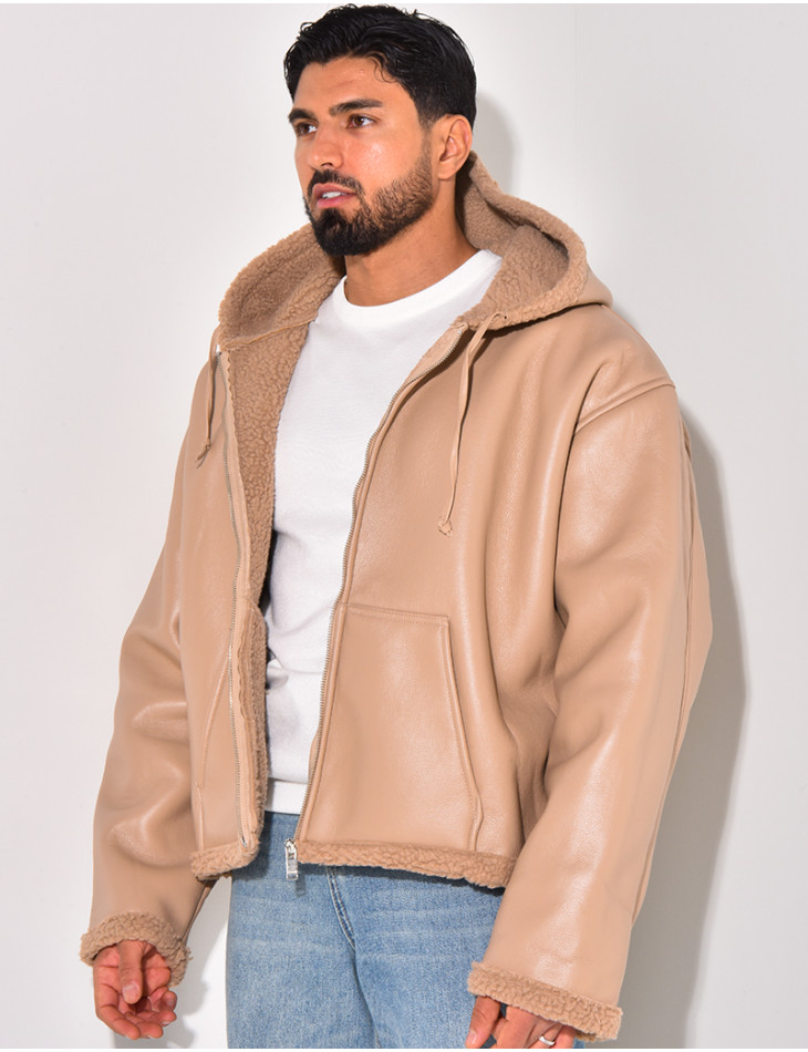 Veste à capuche en similicuir et fourrure