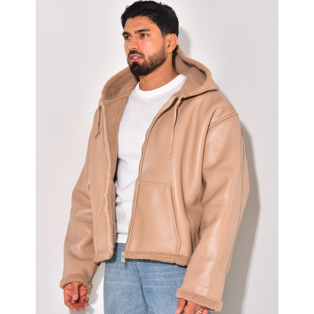 Veste à capuche en similicuir et fourrure
