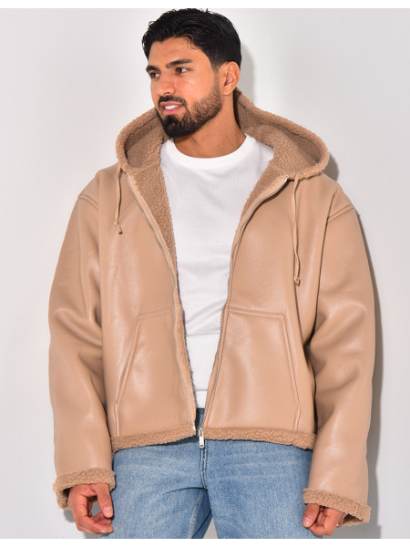 Veste à capuche en similicuir et fourrure