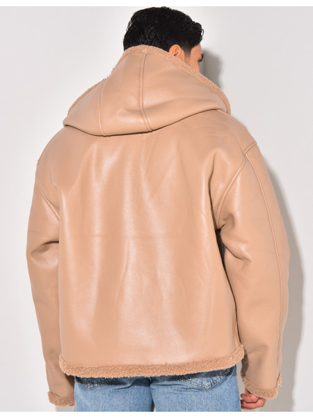 Veste à capuche en similicuir et fourrure