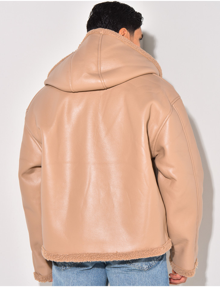 Veste à capuche en similicuir et fourrure