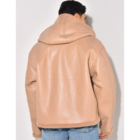 Veste à capuche en similicuir et fourrure