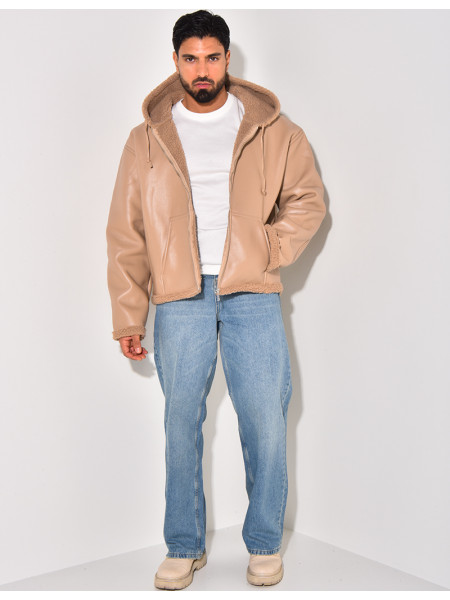 Veste à capuche en similicuir et fourrure