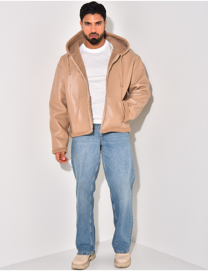 Veste à capuche en similicuir et fourrure