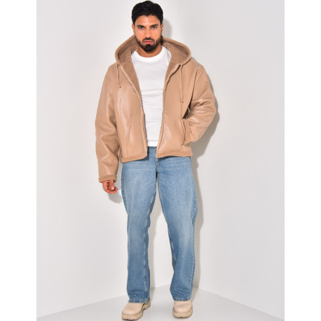 Veste à capuche en similicuir et fourrure