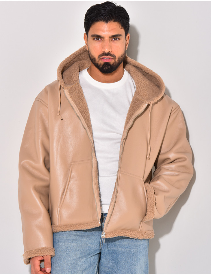 Veste à capuche en similicuir et fourrure