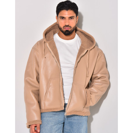 Veste à capuche en similicuir et fourrure