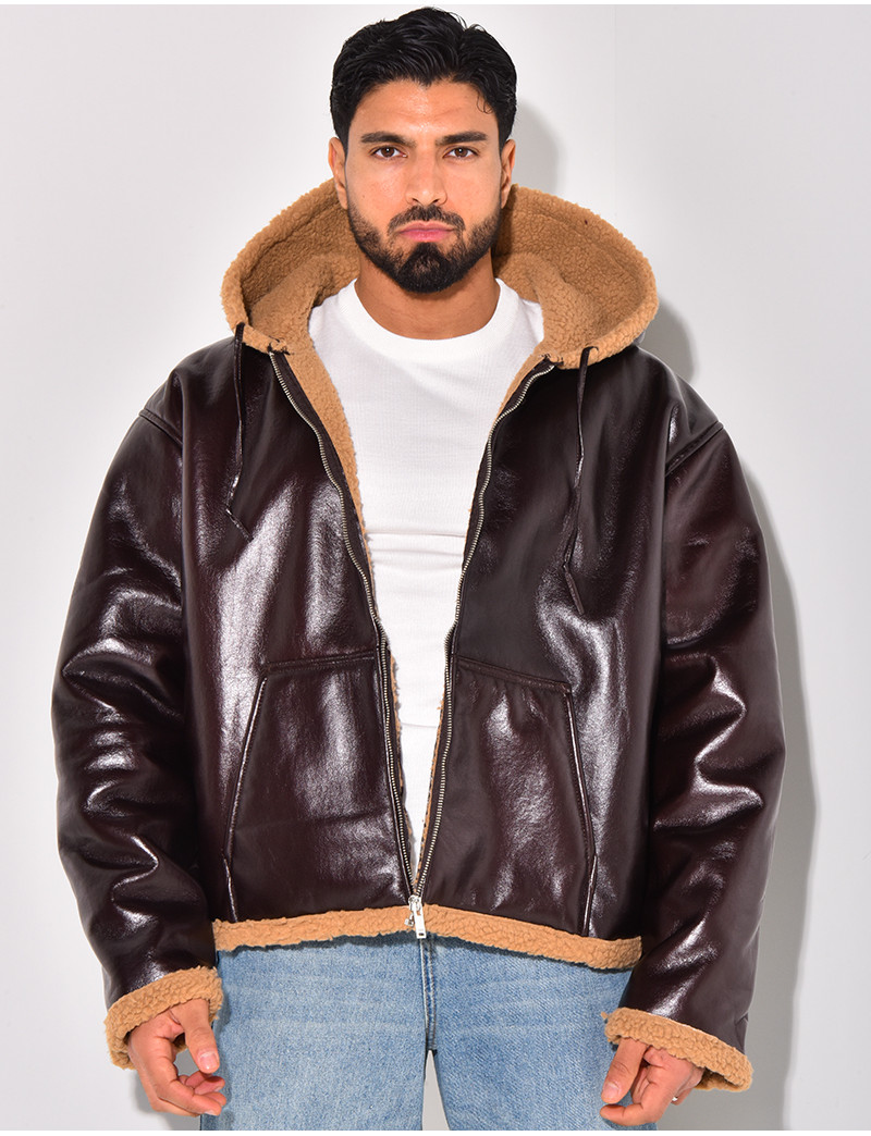 Veste à capuche en similicuir et fourrure