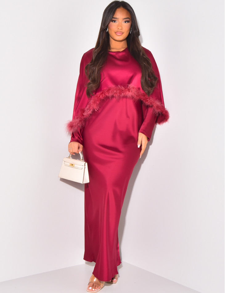 Long dress with feather cape