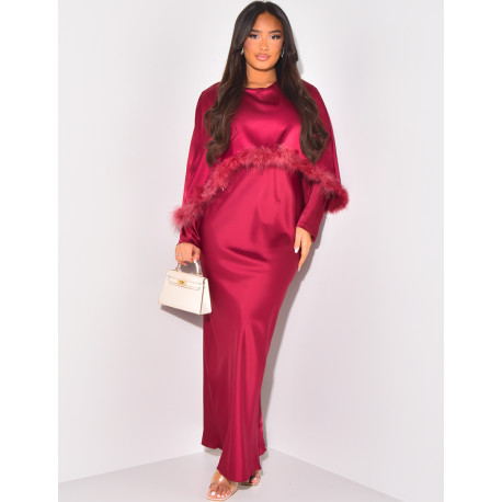 Long dress with feather cape