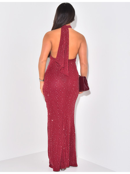 Shirred effect mesh halter dress with rhinestones