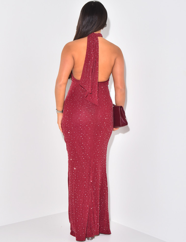 Shirred effect mesh halter dress with rhinestones