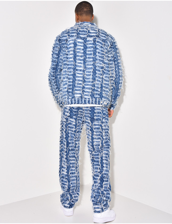 Ensemble en jeans pantalon et veste effet déchiré