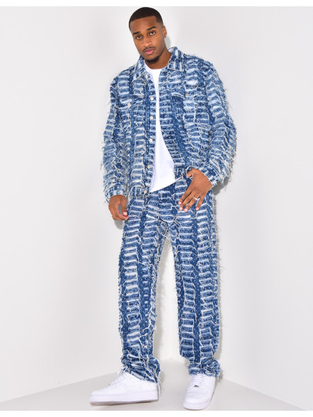 Ensemble en jeans pantalon et veste effet déchiré