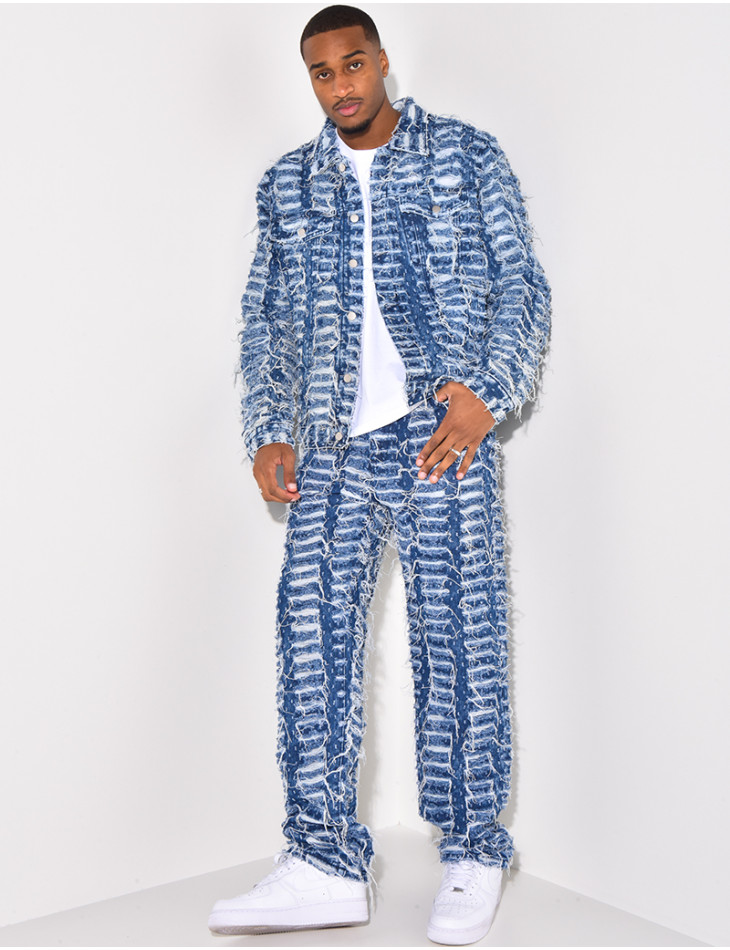 Ensemble en jeans pantalon et veste effet déchiré
