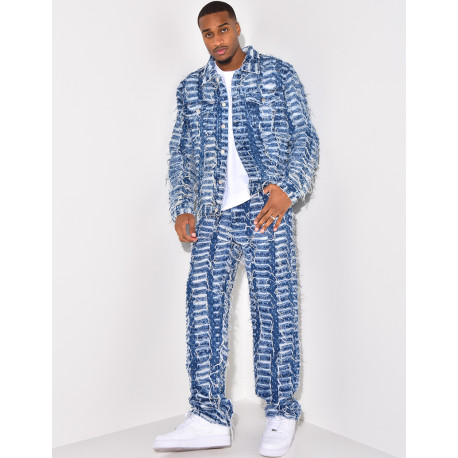 Ensemble en jeans pantalon et veste effet déchiré
