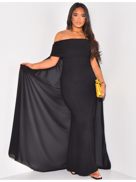 Off-the-shoulder dress with voile cape
