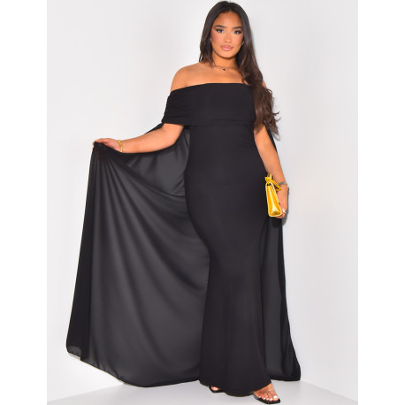 Off-the-shoulder dress with voile cape