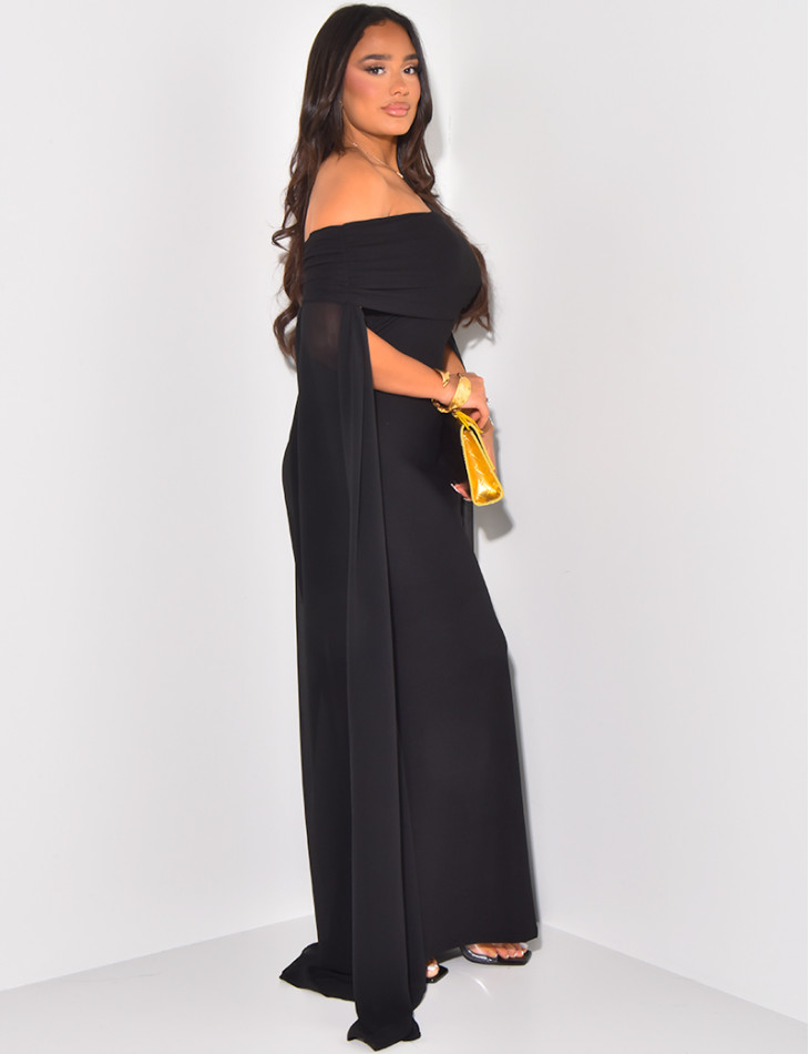 Off-the-shoulder dress with voile cape