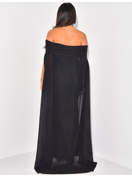 Off-the-shoulder dress with voile cape