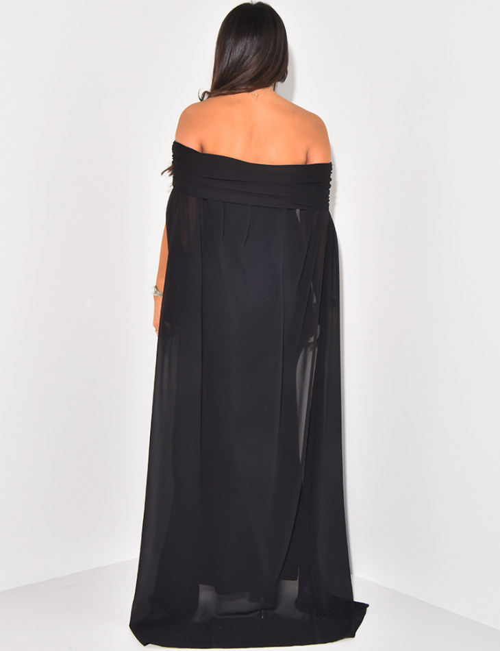 Off-the-shoulder dress with voile cape