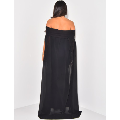 Off-the-shoulder dress with voile cape