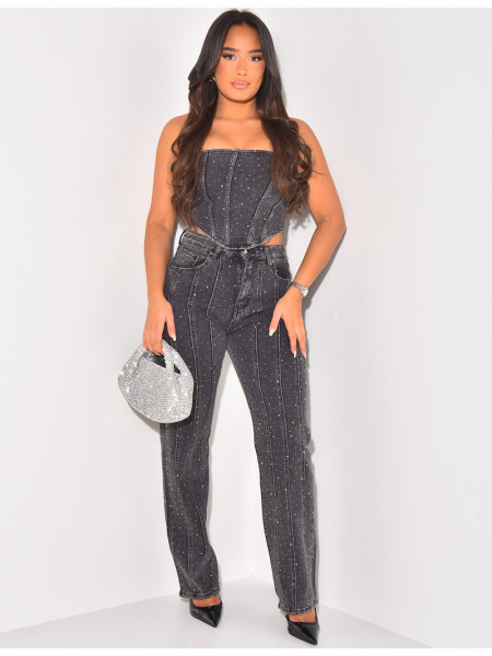 Strapless cropped top in jeans with rhinestones