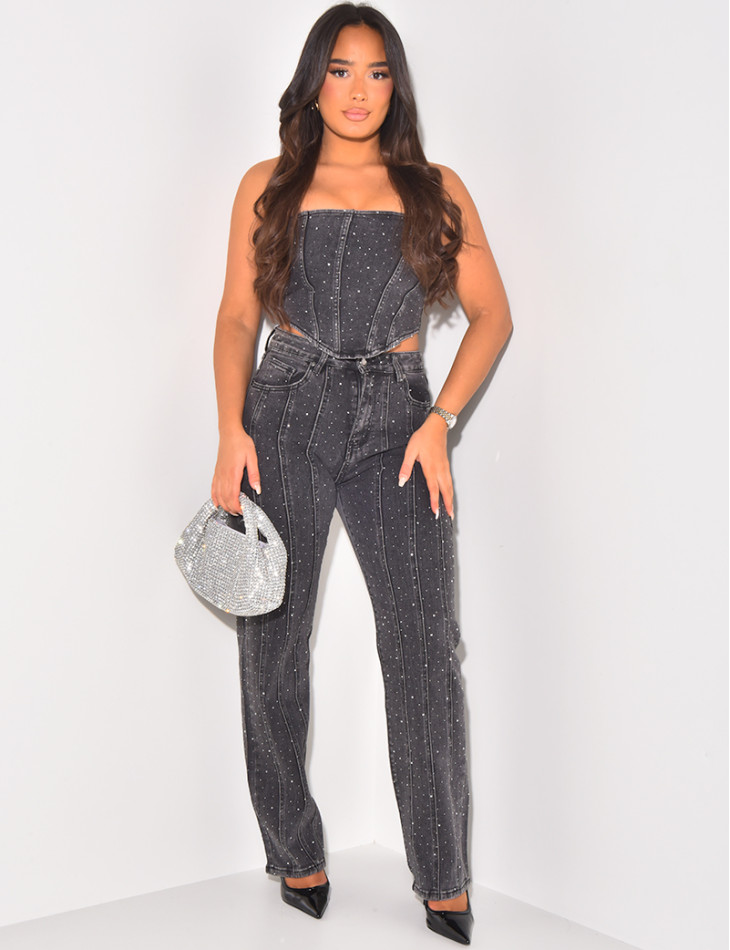 Strapless cropped top in jeans with rhinestones