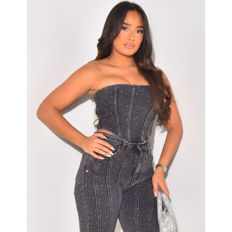 Strapless cropped top in jeans with rhinestones