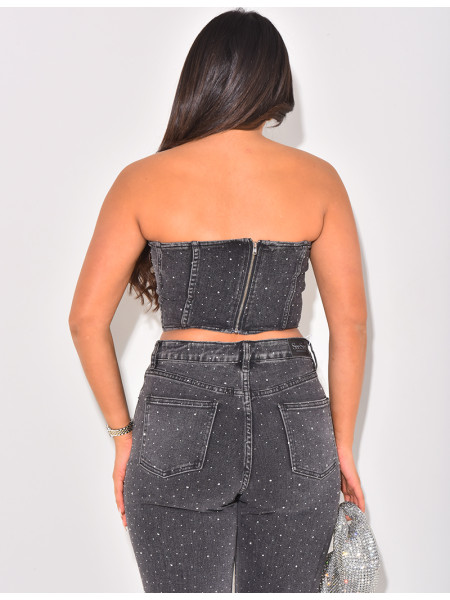 Strapless cropped top in jeans with rhinestones