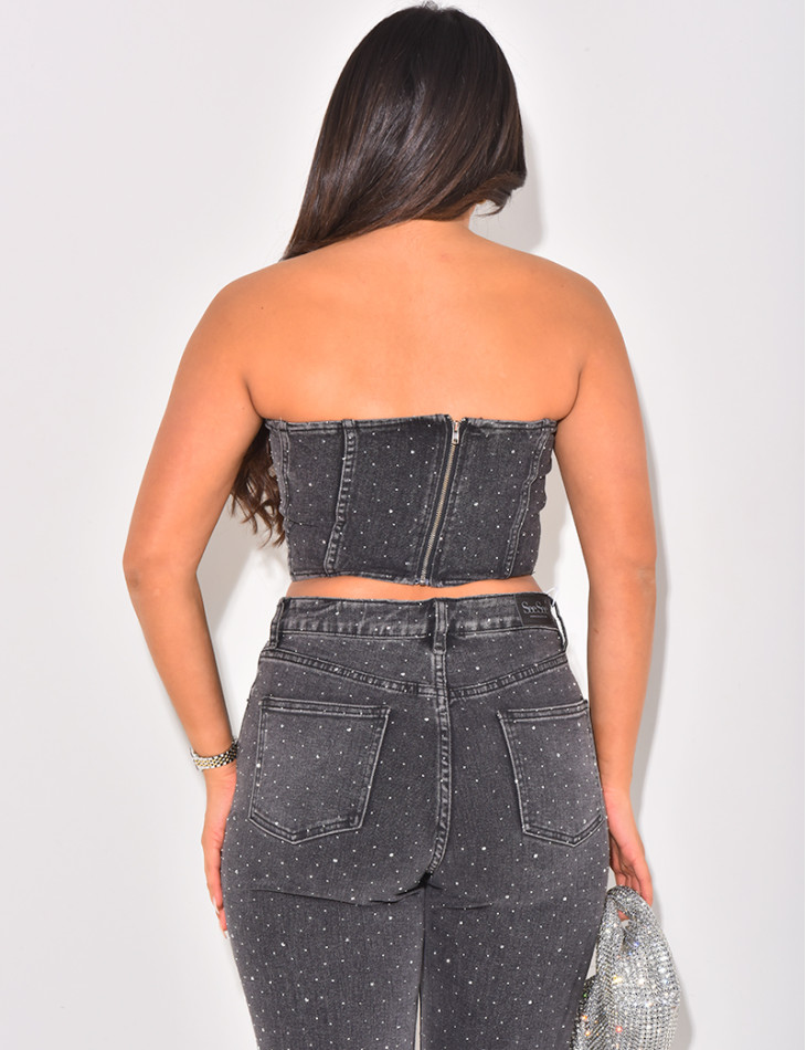 Strapless cropped top in jeans with rhinestones