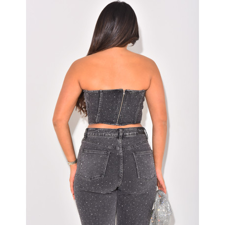 Strapless cropped top in jeans with rhinestones