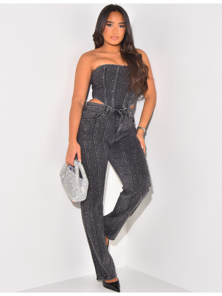 Strapless cropped top in jeans with rhinestones