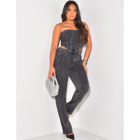 Strapless cropped top in jeans with rhinestones