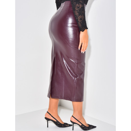 High waisted long faux leather skirt