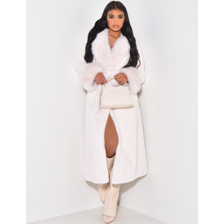 Belted faux fur coat
