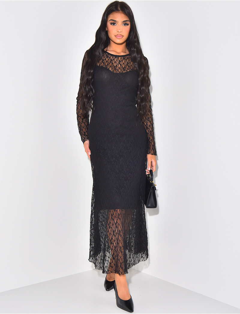 Roberta - Robe longue en dentelle à manches creuses pour femme