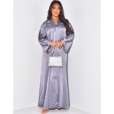 Abaya with crystals in the shape of flowers