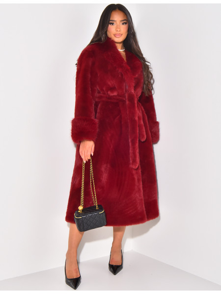 Belted faux fur coat