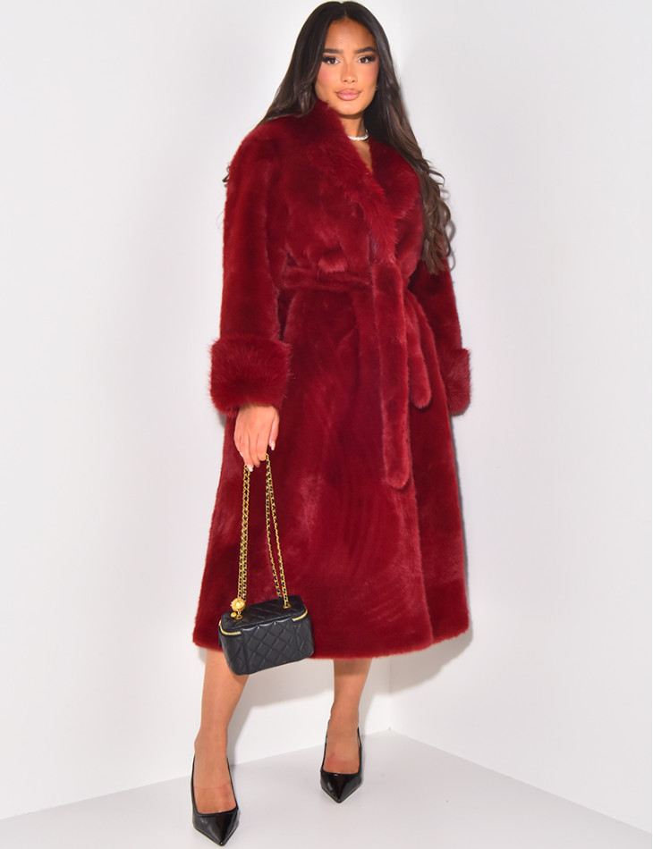 Belted faux fur coat