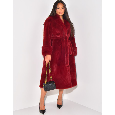 Belted faux fur coat